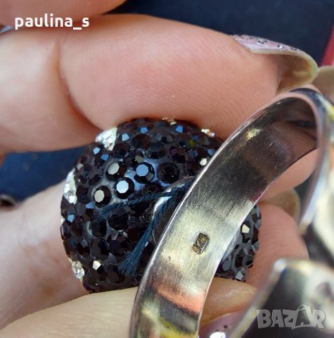 Нов сребърен пръстен с регулация, проба 925 / топка в черно бяло с кристали "Swarovski" , снимка 6 - Пръстени - 29670193