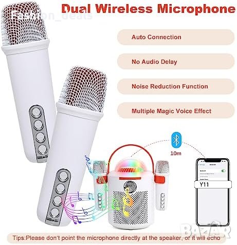 Нова Bluetooth караоке машина с два безжични микрофона, мощен високоговорител, вход за AUX и TF карт, снимка 3 - Други - 42346182