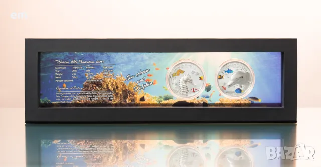 Palau - 2017 - 2x10 dollars Marine Life SEAPHORSE&DOLPHINS SET proof (2X2 oz), снимка 2 - Нумизматика и бонистика - 46632990