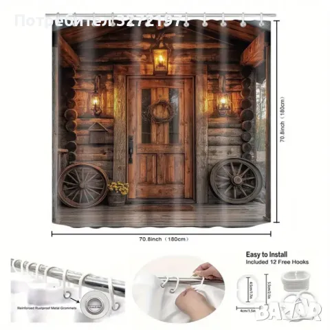 Комплект 2бр.-Полиестерни завеси за баня,Дизайн Рустикална дървена врата,Водоустойчиви, снимка 5 - Пердета и завеси - 47968000