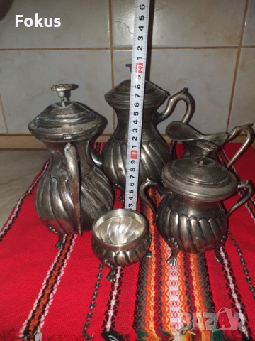 Страхотен стар посребрен сервиз - Alpaca - 5 части, снимка 3 - Антикварни и старинни предмети - 53279439