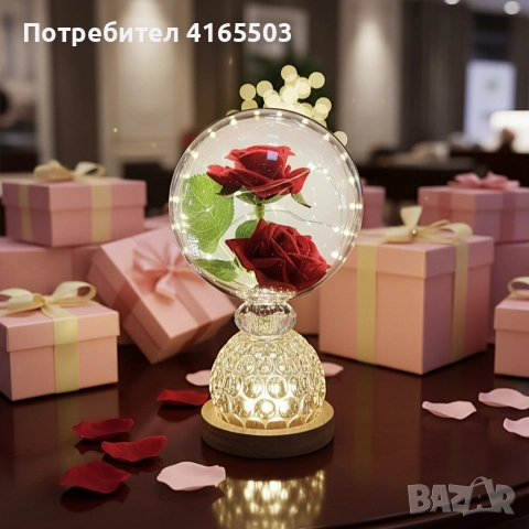 Лампа с вечни рози и топла LED светлина – подарък, който не увяхва