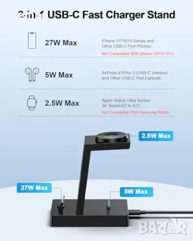 Зарядна станция 3-в-1 USB-C 30W за iPhone, Apple Watch и слушалки, снимка 3 - Безжични зарядни - 55829691