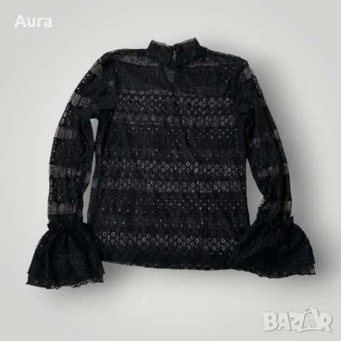 Black lace blouse high neck long sleeves with ruffled cuffs 