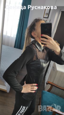 Черна блузка с кожена якичка , снимка 5 - Блузи с дълъг ръкав и пуловери - 40205233