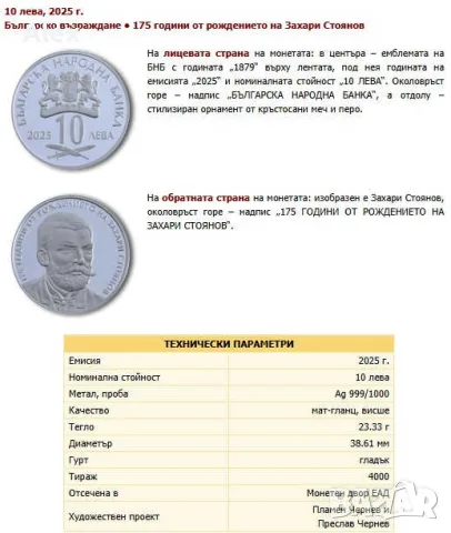Възпоменателна Колекционерска  Монета 175 години от рождението на Захари Стоянов две сребърни 