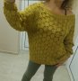 Блуза от рехаво дупчесто плетиво в цвят горчица , снимка 1 - Блузи с дълъг ръкав и пуловери - 41524252
