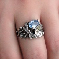 Ретро пръстен със син топаз, апликации листо, пеперуда, снимка 4 - Пръстени - 35976063