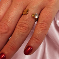 Модерен дамски пръстен тип полузатворена халка с детелина и камък цирконий, снимка 1 - Пръстени - 44624361