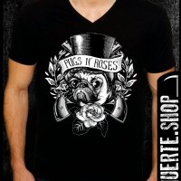 Черна тениска с щампа PUGS N ROSES, снимка 1 - Тениски - 41978727