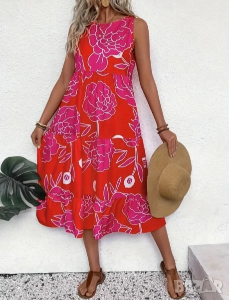 Лятна рокля в червено и циклама, снимка 1