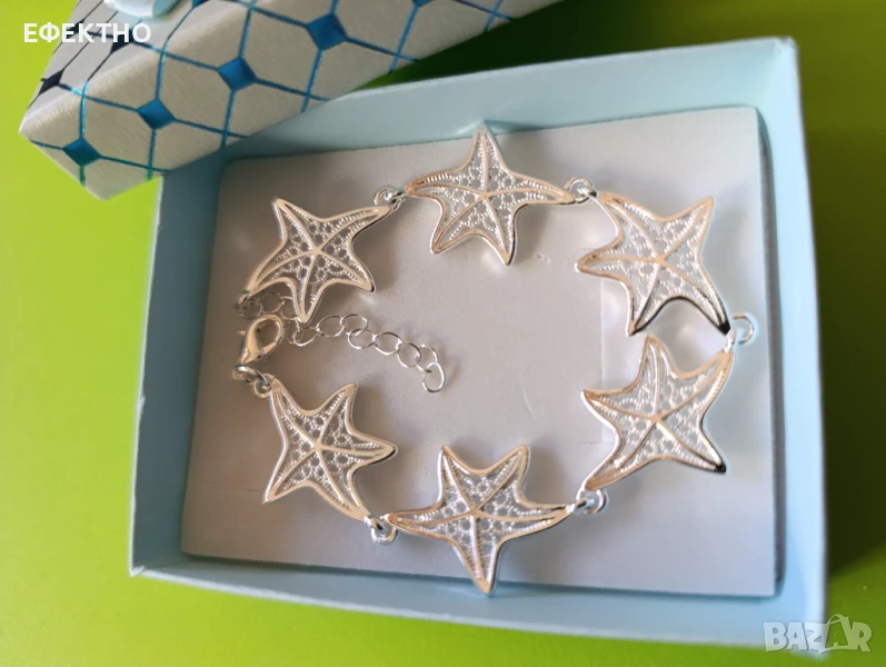 Нова, масивна сребърна гривна, с морски звезди, в подаръчна кутия., снимка 1