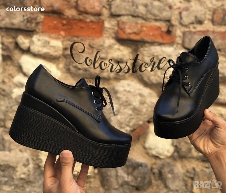 Обувки на платформа - черна кожа - 120K, снимка 1