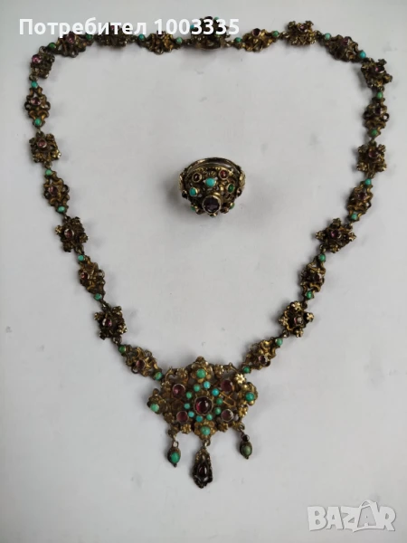 Старо сребърно и позлатено колие и пръстен , снимка 1