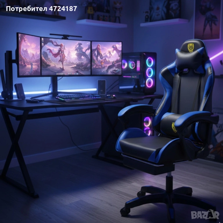 Геймърски стол с регулируема височина, лумбална възглавница и метална основа, снимка 1