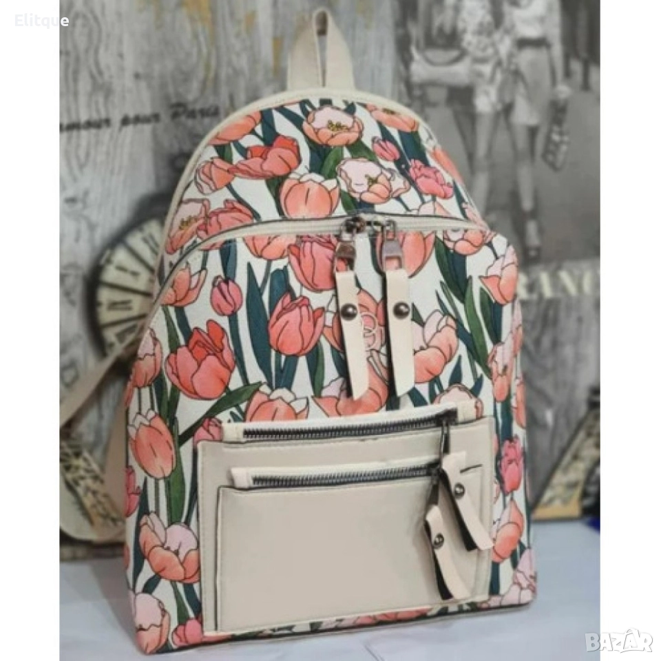 Компактна стилна раничка с мотиви на розови лалета в модерен дизайн, снимка 1
