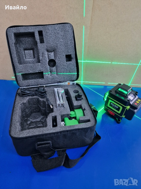 Лазерен нивелир Hilda, Зелени линии, 4 Лъча х 360 Градуса, Самонивелиращ+, снимка 1
