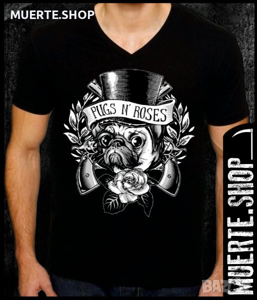Черна тениска с щампа PUGS N ROSES, снимка 1