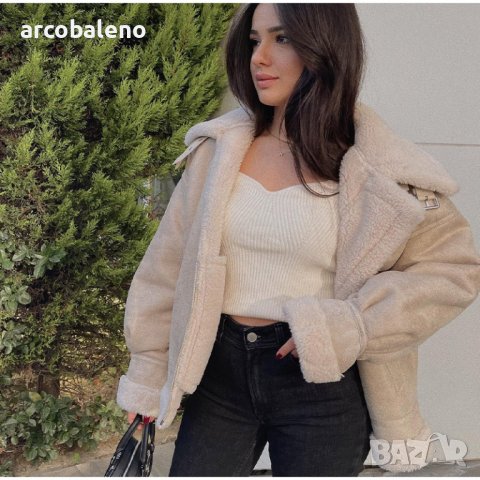 Дамско кожено двустранно яке с цип с цветен блок и топло свободно палто с ревер, снимка 2 - Якета - 44308433