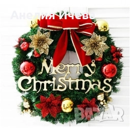 Коледен венец Mеrry Christmas с панделка, снимка 2 - Декорация за дома - 51779320