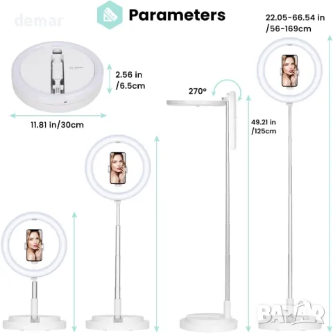TARION Селфи светлина със стойка, държач за телефон и студена обувка, 56-169 см, снимка 5 - Селфи стикове, аксесоари - 49515528
