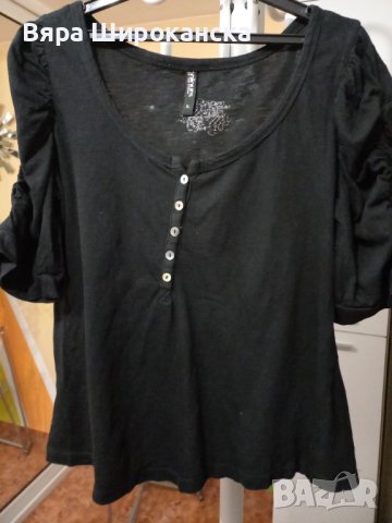 Черна блузка трико с буфан ръкав и голямо деколте. Размер ХL. 