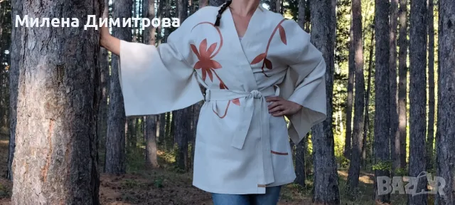 Ръчно рисувано ленено кимоно , снимка 2 - Сака - 48868514