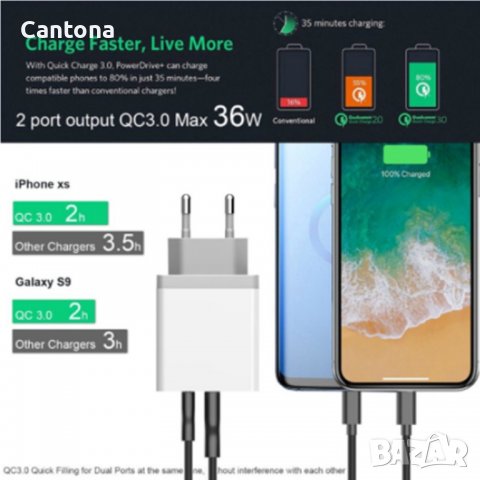 30W USB C PD + 2 x USB QC 3.0 бързо зарядно устройство, снимка 6 - Оригинални зарядни - 40046501