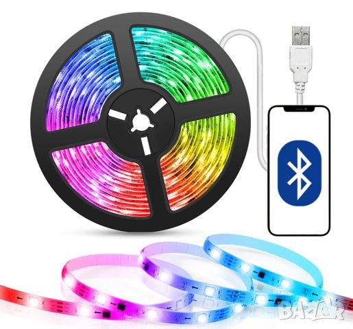 USB LED лента 5 м – Bluetooth или дистанционно управление – 5050 (5V), снимка 2 - Лед осветление - 41570130