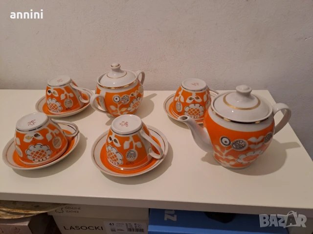 сервиз кафе чай внос  5 бр чаши захарница чайник порцелан