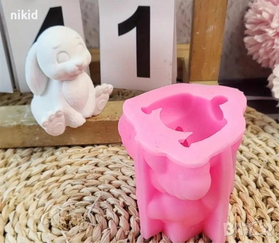 3D Седнал разкрачен заек силиконов молд форма свещ смола гипс шоколад декор украса, снимка 3 - Форми - 51828486