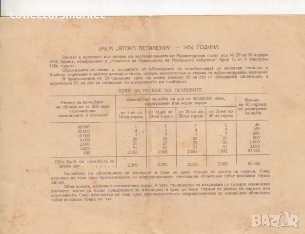 Облигация 20 лева 1954 № 136014, снимка 2 - Други ценни предмети - 47385498