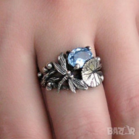 Ретро пръстен със син топаз, апликации листо, пеперуда, снимка 4 - Пръстени - 35976063