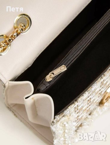 Дамска чанта букле в бяло и златно с декорация перли и дълга дръжка, снимка 5 - Чанти - 42339391