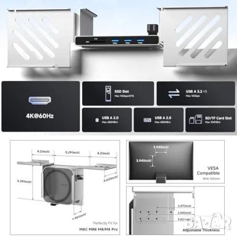 Алуминиева докинг станция Minisopuru за Mac Mini M4 с 4K@60Hz HDMI и M.2 NVMe слот до 8TB, снимка 2 - Друга електроника - 55771521