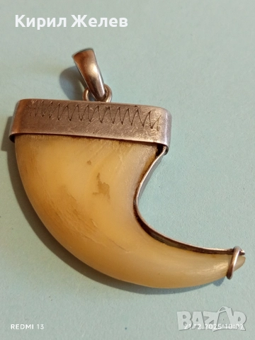 Сребърен медальон с тигров нокът с Индийски дизайн и сребърен обков 51789, снимка 2 - Колиета, медальони, синджири - 52863699