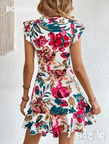 Еластична свободна рокля в бяло на цветя с паднал ръкав размер Л, снимка 2 - Рокли - 50042127