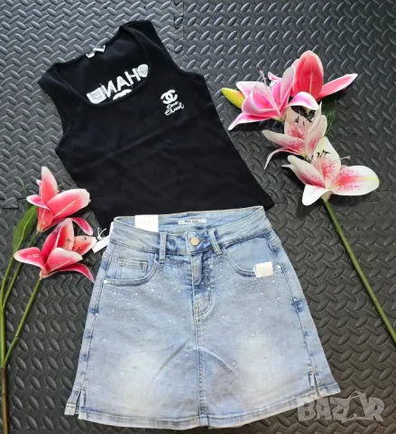 дамски комплект потник chanel burberry и дънкова пола с камъчета , снимка 4 - Комплекти - 50401223