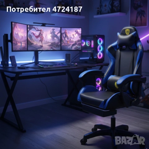 Геймърски стол с регулируема височина, лумбална възглавница и метална основа