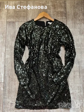 Wow блестяща нова  къса парти коктейлна официална тъмно маслено зелена еластична рокля пайети, снимка 8 - Рокли - 48144459