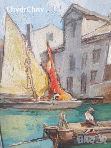 Knut Norman 72х60см/стара голяма шведска картина масло върху фазер/Венеция-мост-лодка/дървена рамка, снимка 4 - Картини - 52075987