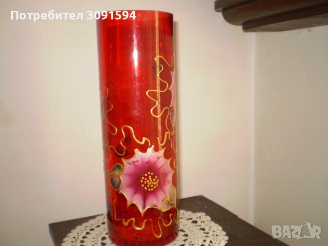 Ръчно Рисувана Голяма Стъклена Червена ваза, снимка 3 - Антикварни и старинни предмети - 40485308
