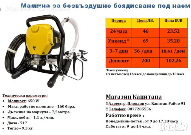 Машина за безвъздушно боядисване 1,1л/ мин.  ПОД НАЕМ