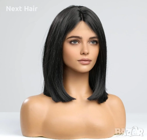 Елегантна права черна каре перука 35 см с път, снимка 5 - Аксесоари за коса - 53749630