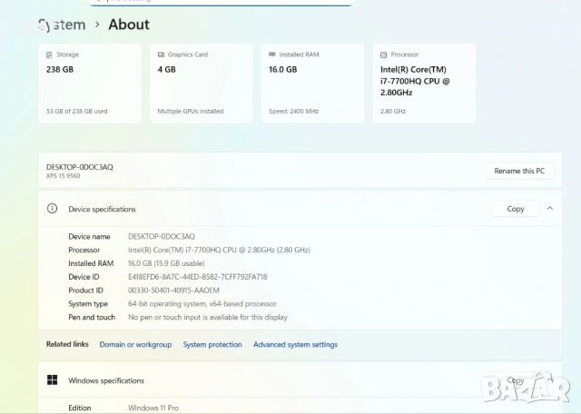 Лаптоп Dell XPS 15 9560 - 15.6" - i7-7700HQ 2.5Ghz/RAM 16GB/SSD 256GB/GeForce GTX 1050 4GB / Win 11, снимка 9 - Лаптопи за игри - 53731169