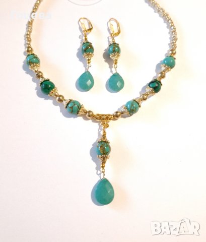 Разкошен комплект бижута обици и колие с камъни Нефрит и Азурит и орнаменти в цвят Антично злато, снимка 5 - Бижутерийни комплекти - 42512511