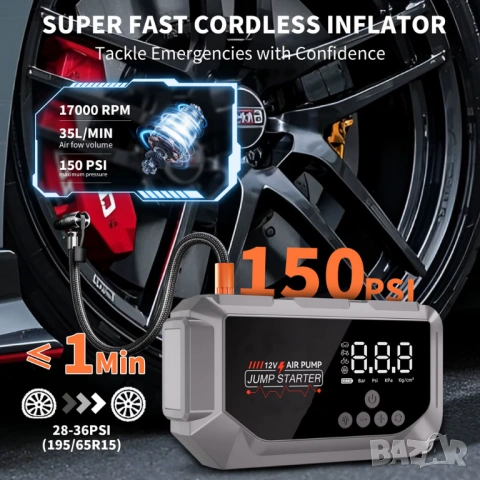 Комбиниран Jump Starter (бичѐ), 12000 mAh, Power Bank, 150 PSI компресор и LED фенер , снимка 6 - Аксесоари и консумативи - 53179776