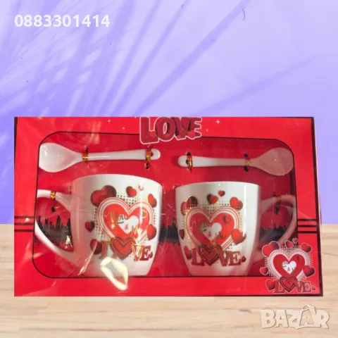 Комплект чаши с лъжички Свети Валентин Сърце Подарък , снимка 6 - Чаши - 49056768