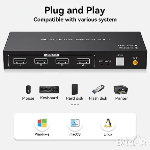 Нов 4K 60hz HDMI USB превключвател KVM превключвател 2PCs, снимка 8 - Друга електроника - 49498071