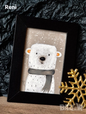 Коледна миниатюра, бяла мечка, пастел, снимка 2 - Коледни подаръци - 52697726